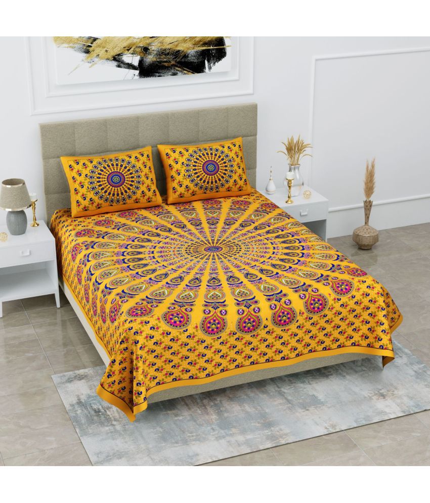     			HOMETALES Cotton Floral Double Bedsheet with 2 Pillow Covers - Yellow