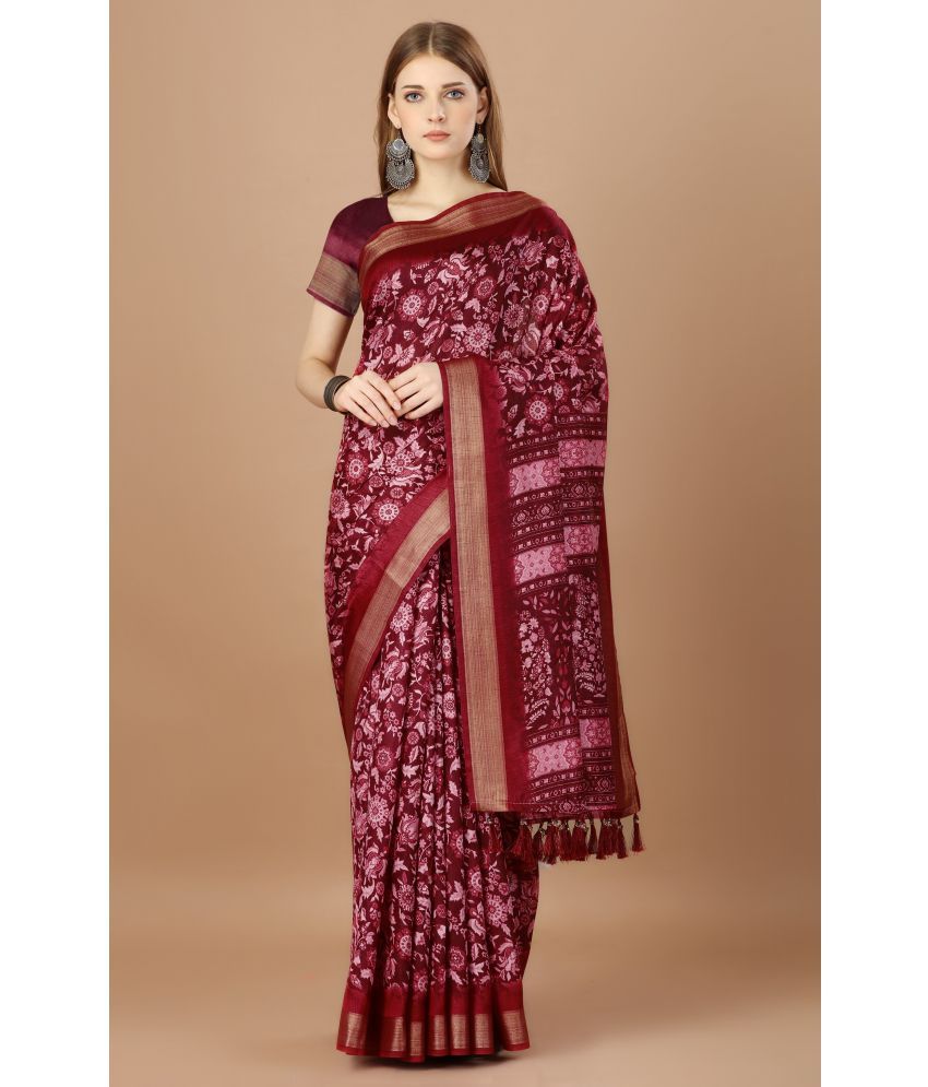     			Rekha Maniyar Silk Printed Saree With Blouse Piece - Maroon ( Pack of 1 )