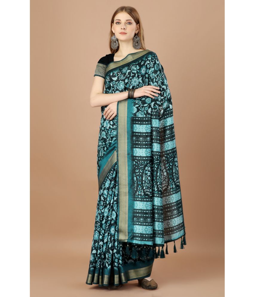     			Rekha Maniyar Fashions Silk Printed Saree With Blouse Piece - Sea Green ( Pack of 1 )