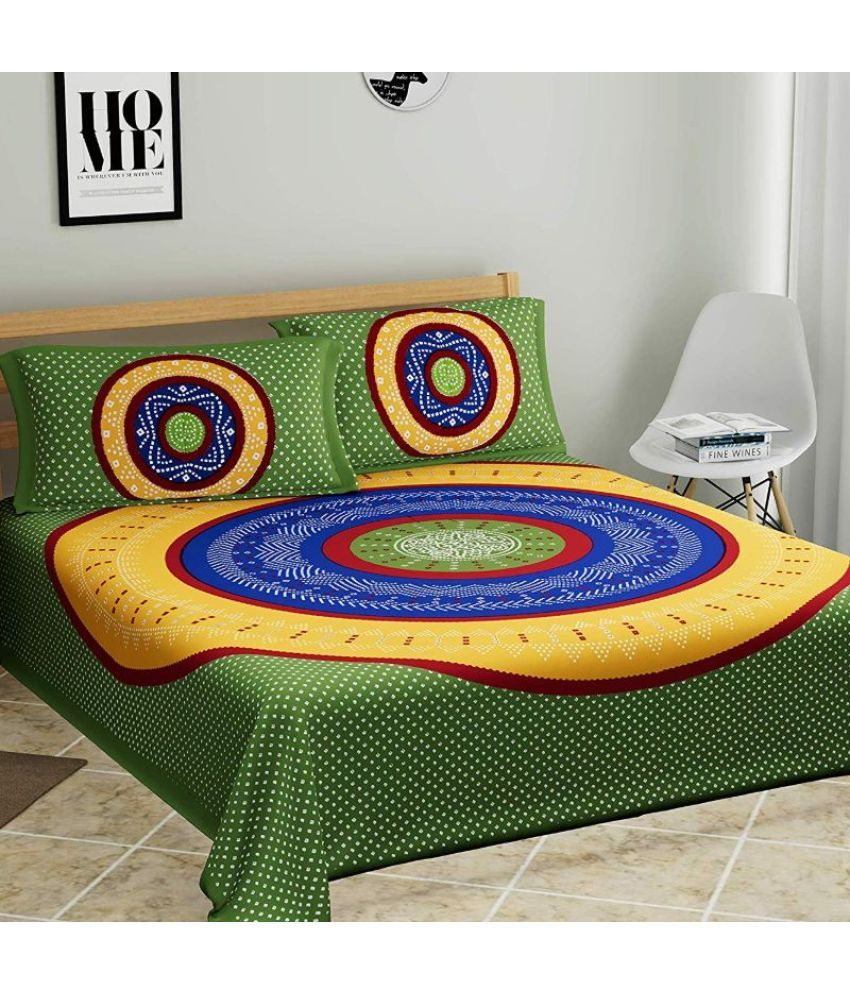     			HOME Cotton Ethnic Double Bedsheet with 2 Pillow Covers - Green