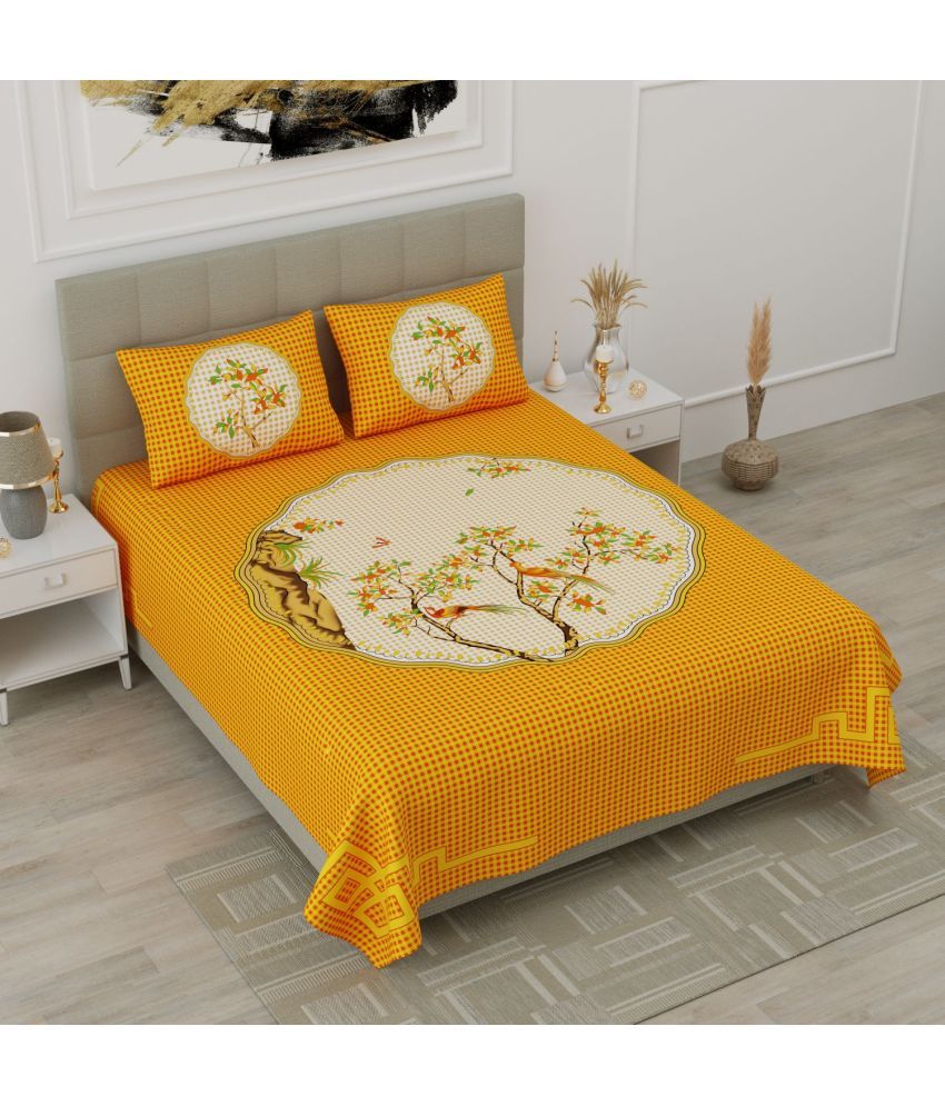     			HOME Cotton Small Checks Double Bedsheet with 2 Pillow Covers - Yellow