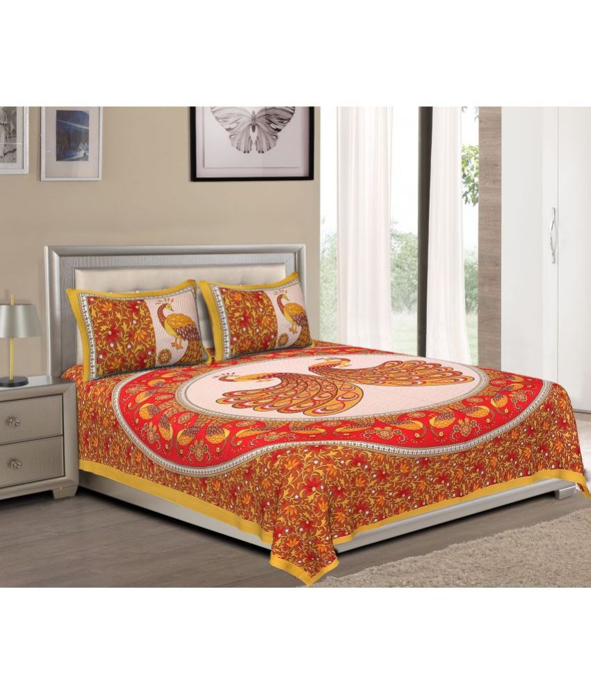     			HOMETALES Cotton Birds Double Bedsheet with 2 Pillow Covers - Yellow