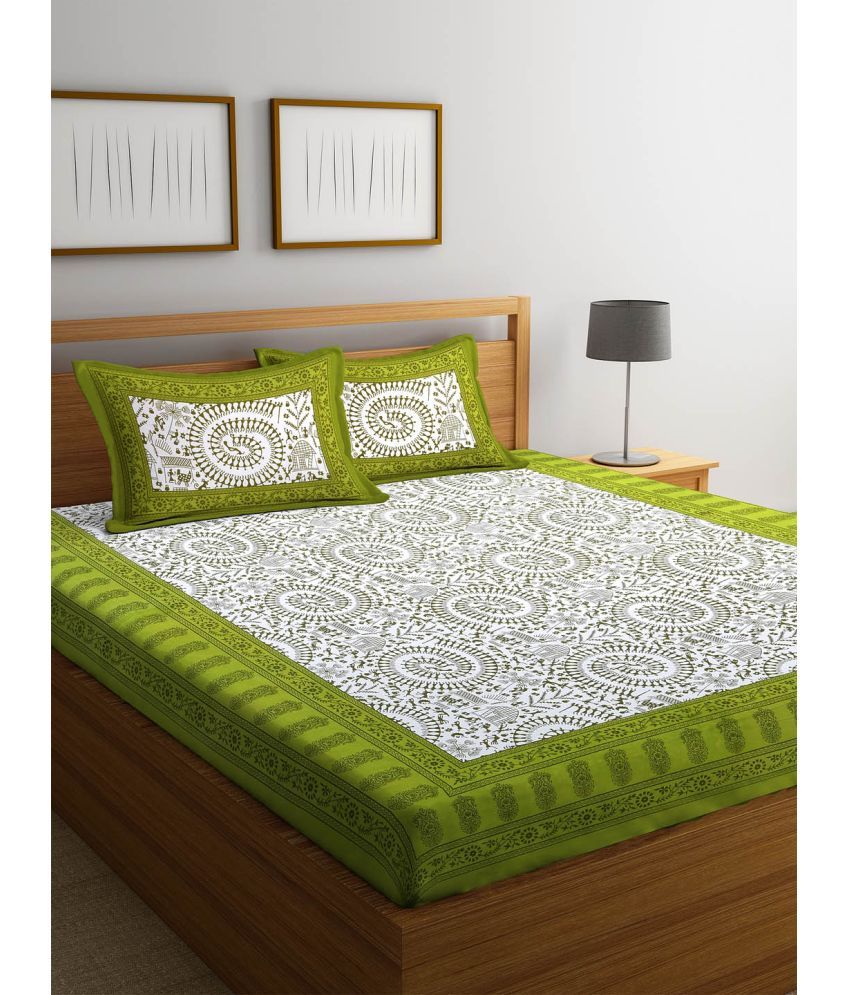     			Uniqchoice Cotton Ethnic Double Bedsheet with 2 Pillow Covers - Green