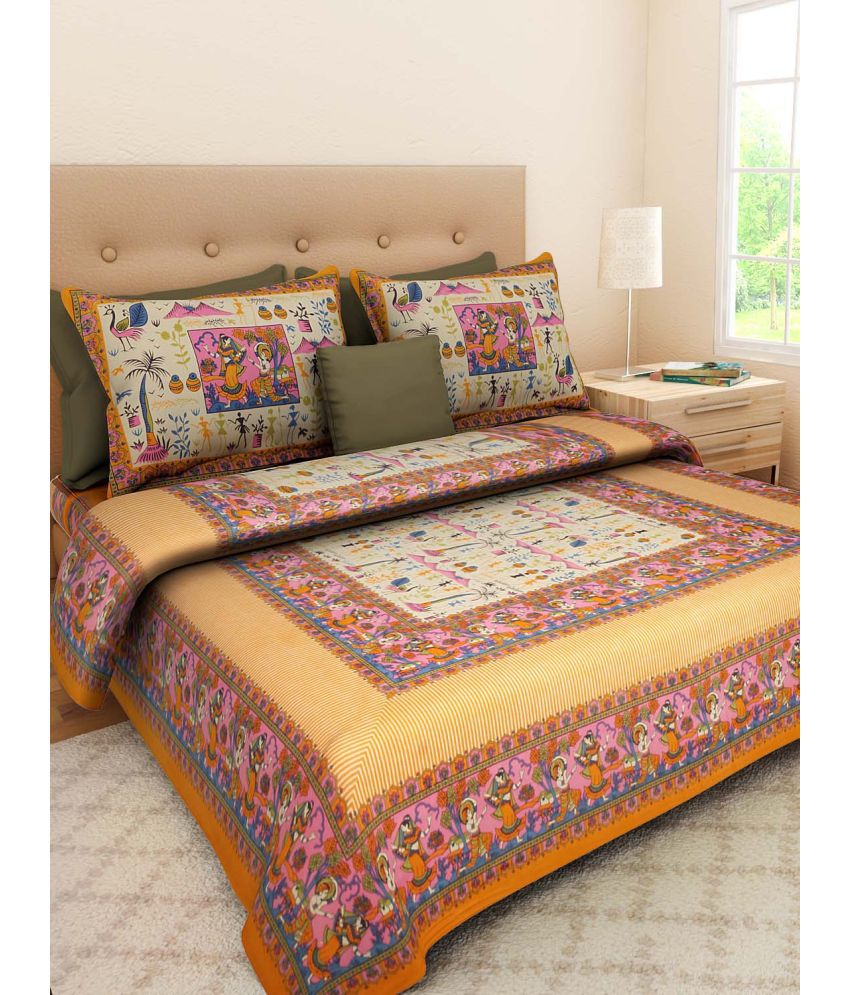     			HOMETALES Cotton Ethnic Double Bedsheet with 2 Pillow Covers - Yellow