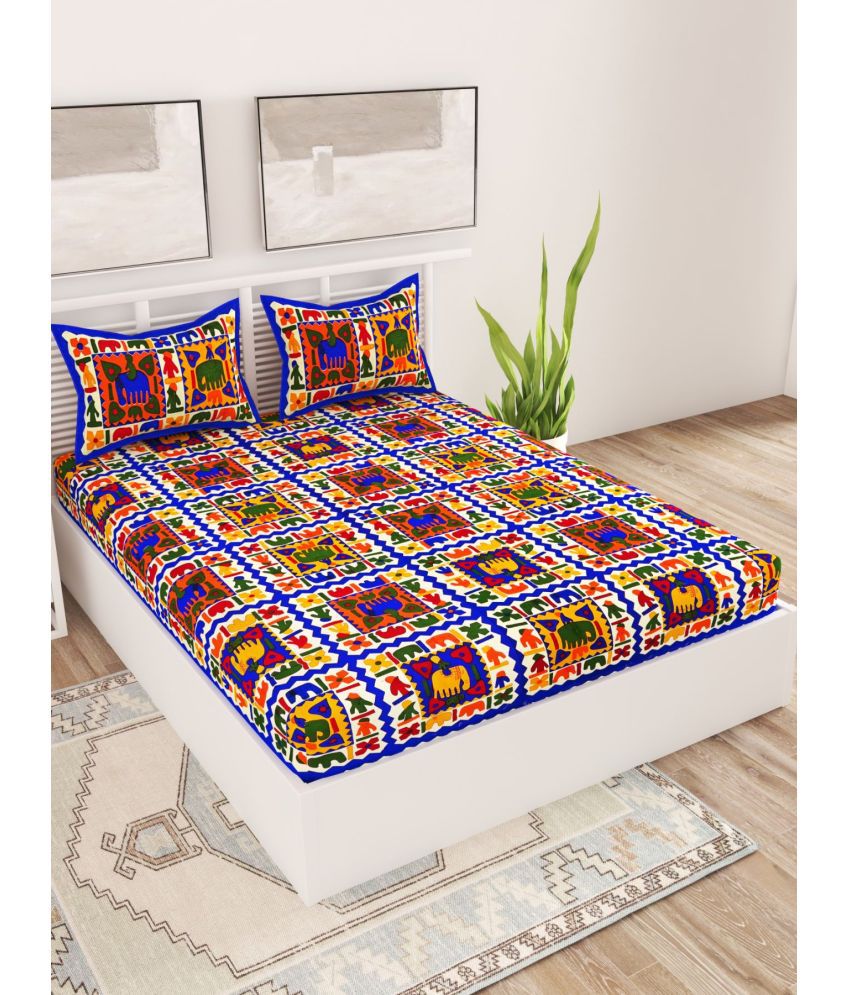     			Uniqchoice Cotton Ethnic Double Bedsheet with 2 Pillow Covers - Blue