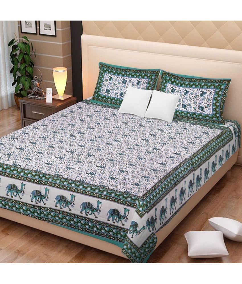     			Uniqchoice Cotton Ethnic Double Bedsheet with 2 Pillow Covers - Turquoise