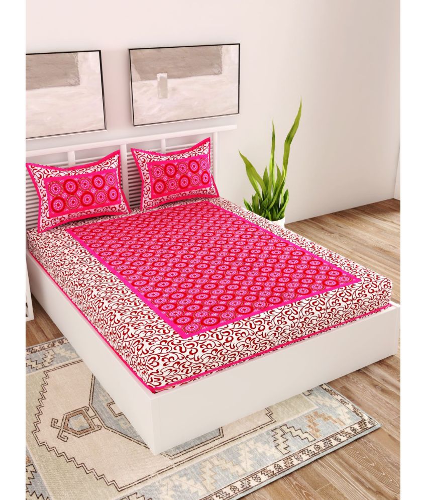     			HOMETALES Cotton Ethnic Double Bedsheet with 2 Pillow Covers - Pink
