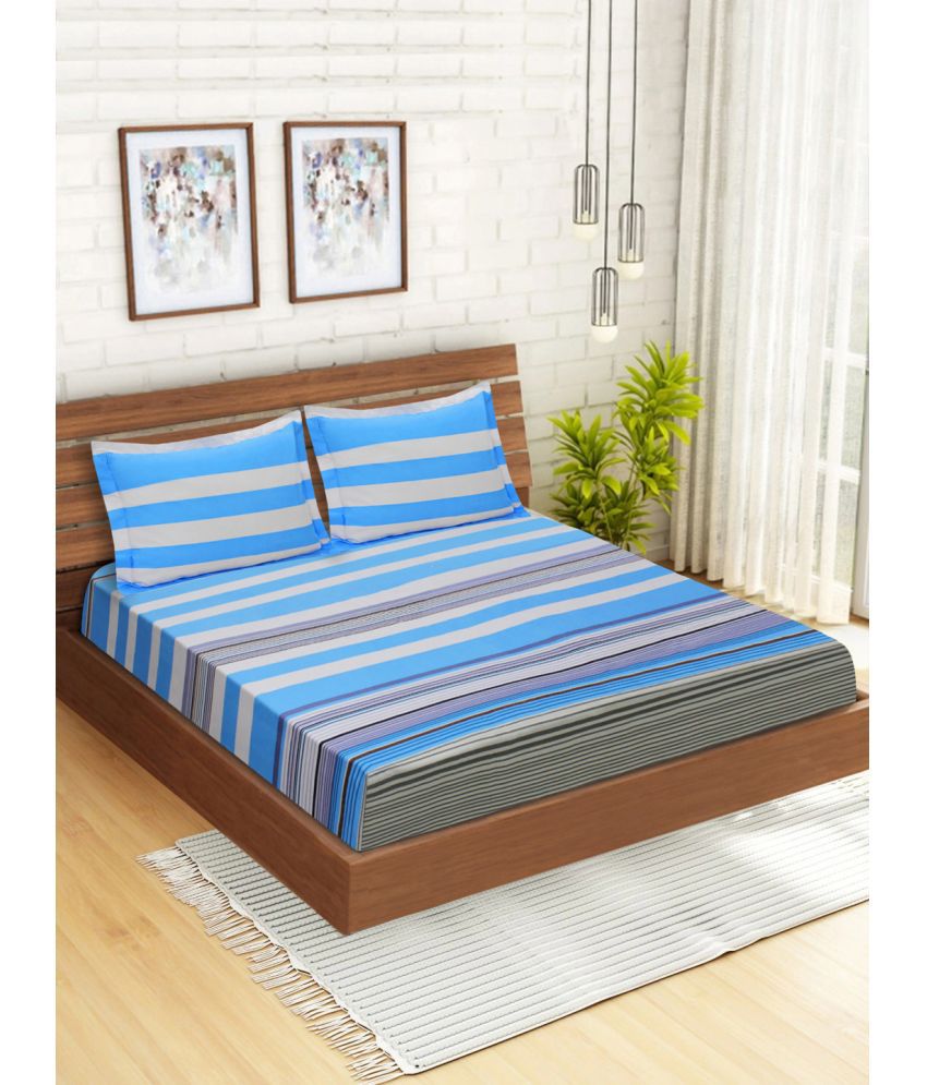     			Home Candy Microfiber Horizontal Striped Double Bedsheet with 2 Pillow Covers - Blue