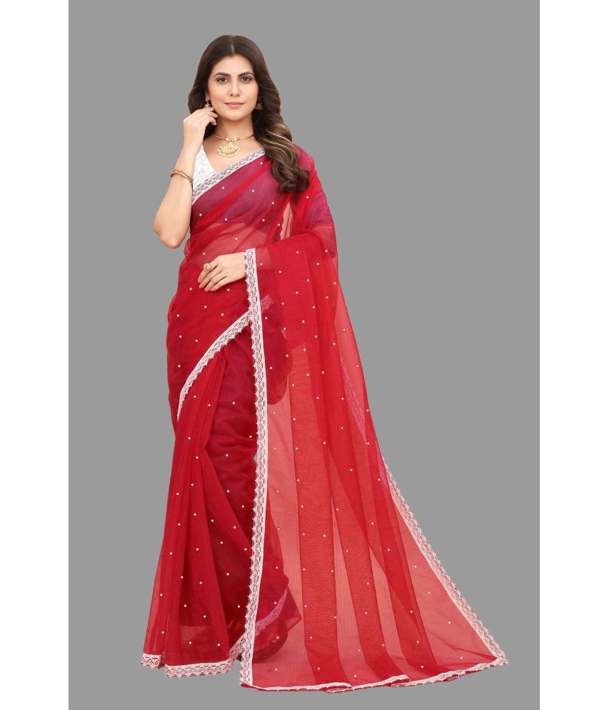     			Indy Bliss Organza Embellished Saree With Blouse Piece - Red ( Pack of 1 )