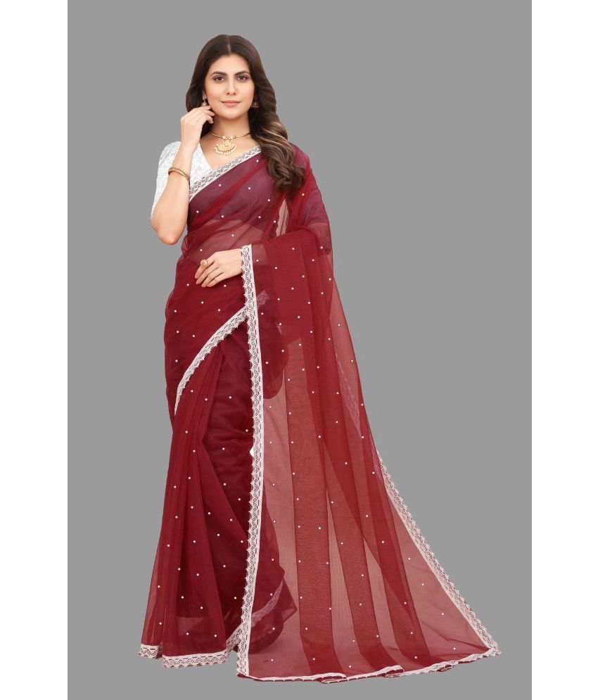     			Indy Bliss Organza Embellished Saree With Blouse Piece - Maroon ( Pack of 1 )