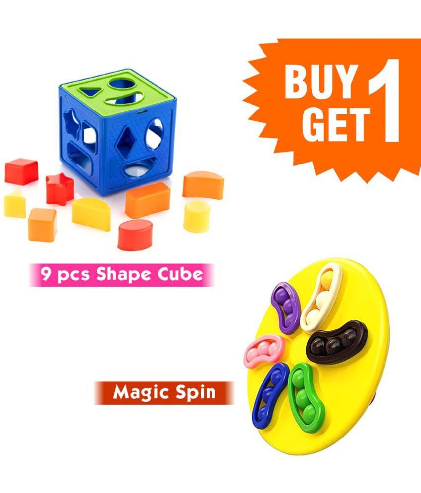     			RAINBOW RIDERS Buy 1 Get 1 Combo (Plastic Shape Sorter Cube Block 9 Pcs Toy + Magic Spin Plastic Blocks Puzzle Games Toys) Multicolor Baby Activity Toys For Boys Girls 3,4,5,6+ years
