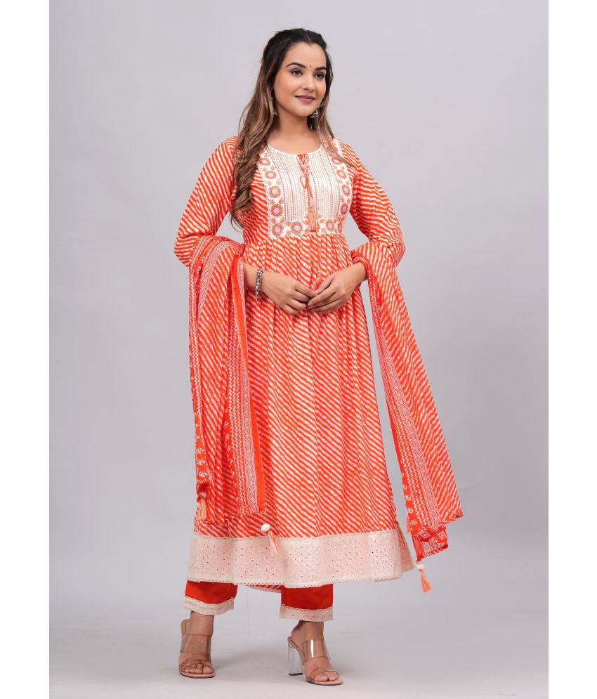     			AAYUFAB Rayon Printed Kurti With Pants Women's Stitched Salwar Suit - Orange ( Pack of 1 )