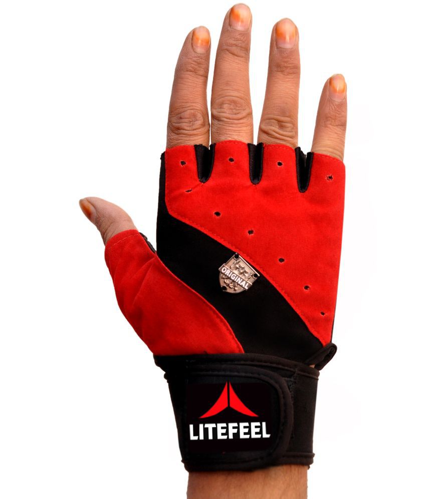     			LITE FEEL Fancy Red & Black Unisex Polyester Gym Gloves For Advanced Fitness Training and Workout With Half-Finger Length