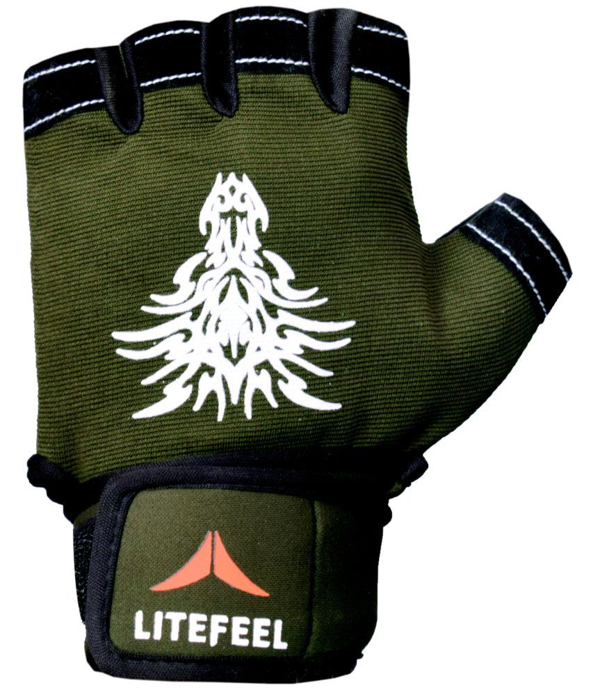     			LITE FEEL Leather Paded Olive Unisex Polyester Gym Gloves For Advanced Fitness Training and Workout With Half-Finger Length