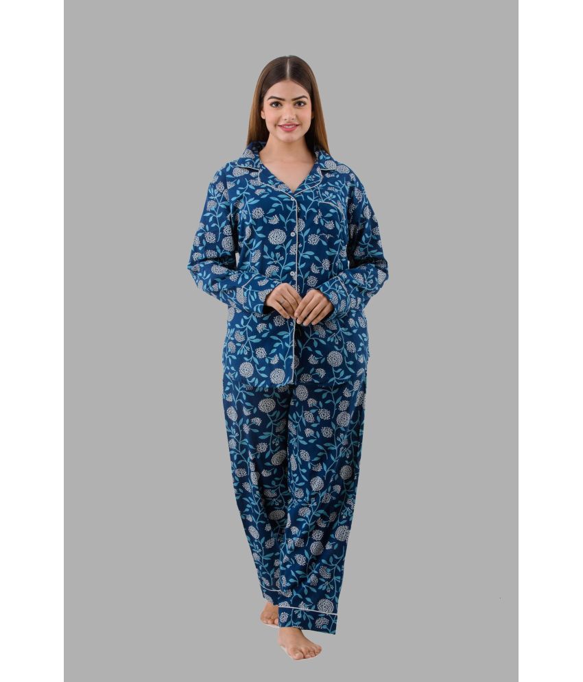     			POOPII Blue Cotton Women's Nightwear Nightsuit Sets ( Pack of 1 )