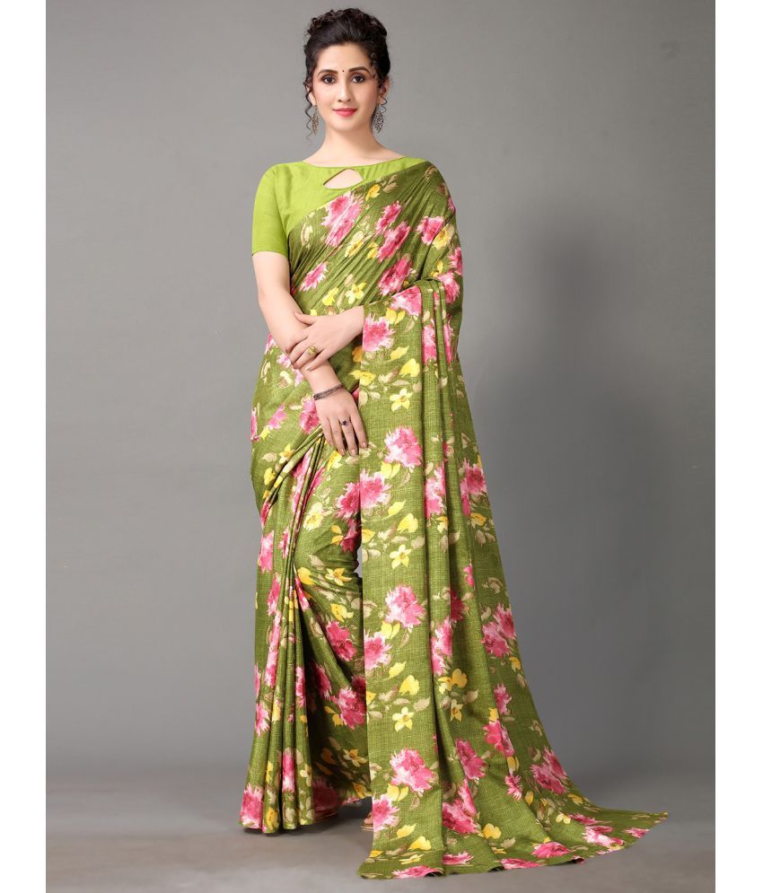     			Aarrah Art Silk Printed Saree With Blouse Piece - Olive ( Pack of 1 )