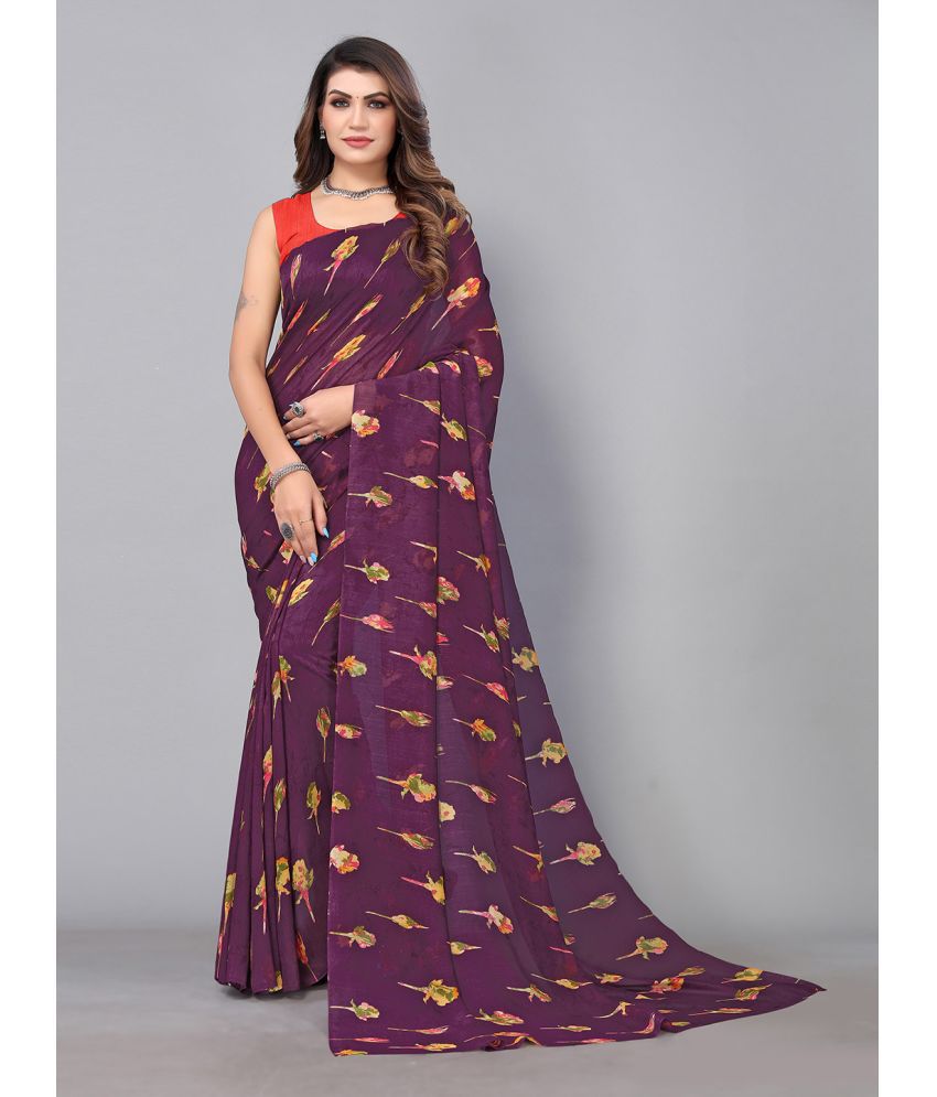     			Aarrah Bangalore Silk Printed Saree With Blouse Piece - Purple ( Pack of 1 )