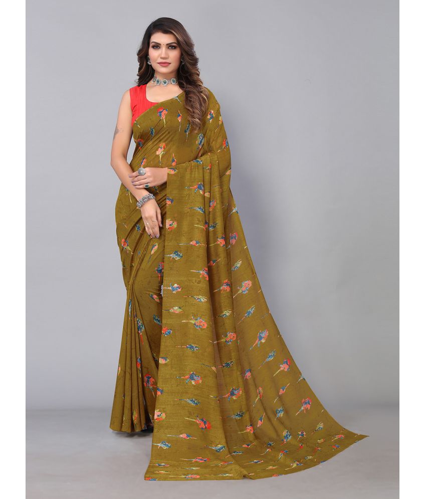     			Aarrah Bangalore Silk Printed Saree With Blouse Piece - Olive ( Pack of 1 )