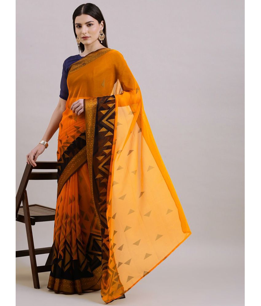     			Aarrah Brasso Printed Saree With Blouse Piece - Yellow ( Pack of 1 )