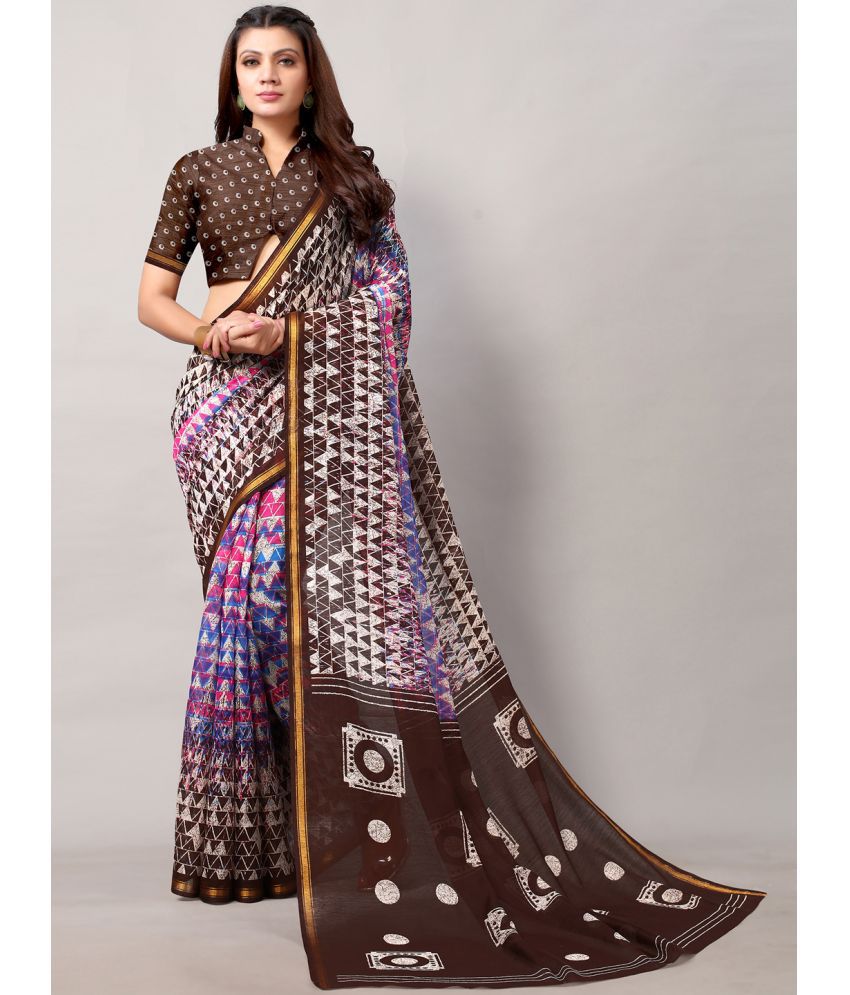     			Aarrah Cotton Blend Printed Saree With Blouse Piece - Brown ( Pack of 1 )