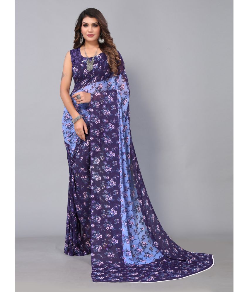     			Aarrah Georgette Printed Saree With Blouse Piece - Navy Blue ( Pack of 1 )