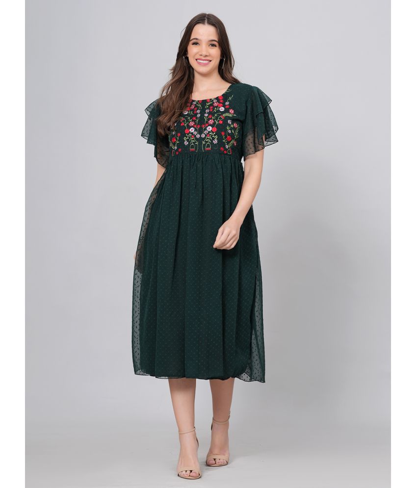     			HIGHLIGHT FASHION EXPORT Crepe Embroidered Midi Women's Fit & Flare Dress - Green ( Pack of 1 )