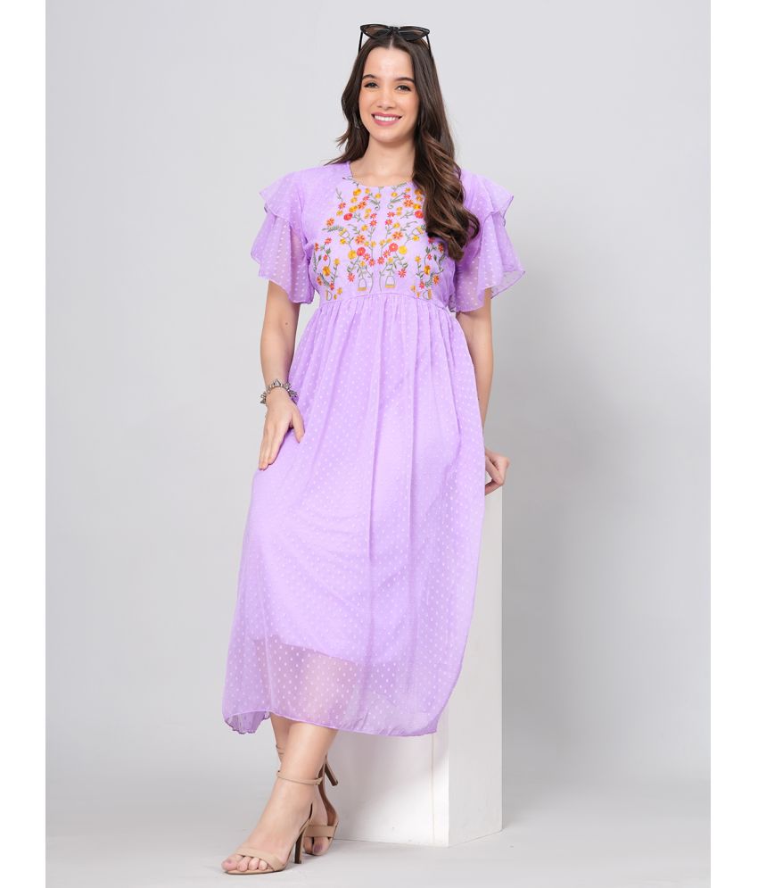     			HIGHLIGHT FASHION EXPORT Crepe Embroidered Midi Women's Fit & Flare Dress - Purple ( Pack of 1 )