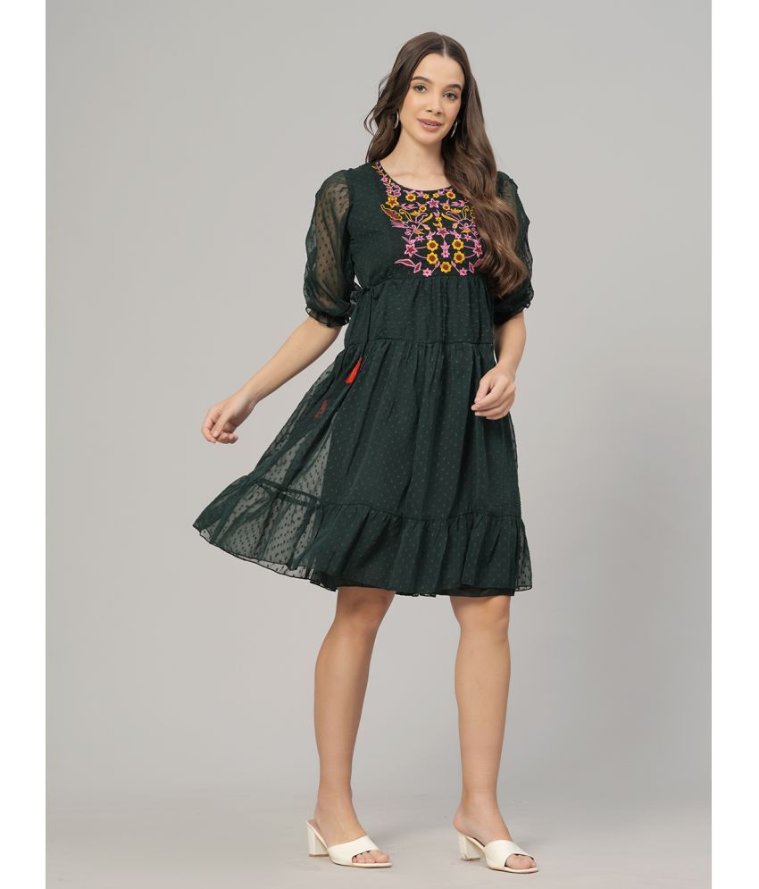     			JC4U Crepe Embroidered Knee Length Women's Fit & Flare Dress - Green ( Pack of 1 )