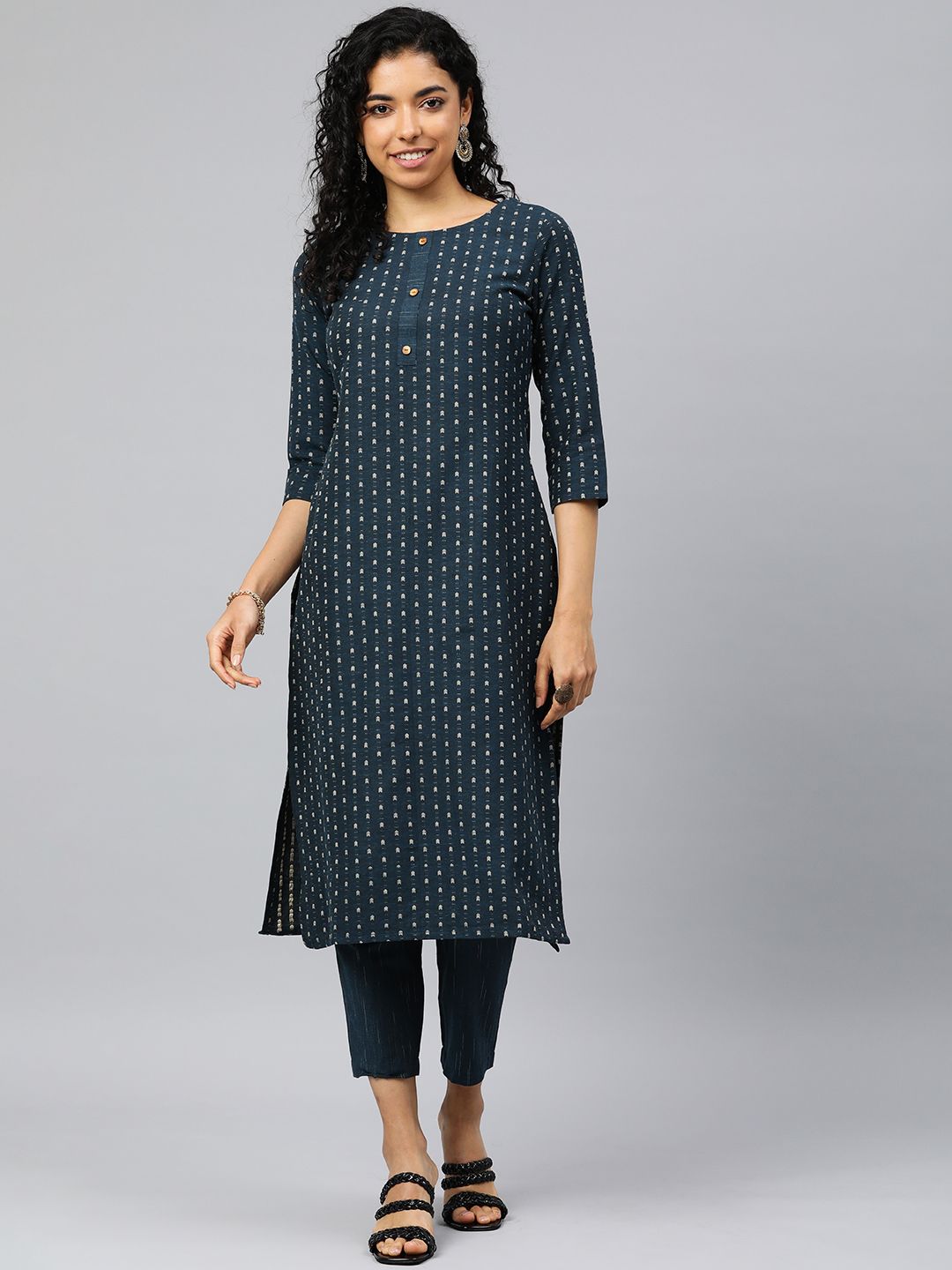     			Aarrah Cotton Blend Printed Kurti With Pants Women's Stitched Salwar Suit - Navy ( Pack of 1 )