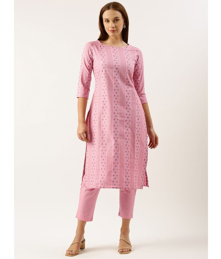     			Aarrah Cotton Blend Striped Kurti With Pants Women's Stitched Salwar Suit - Pink ( Pack of 1 )