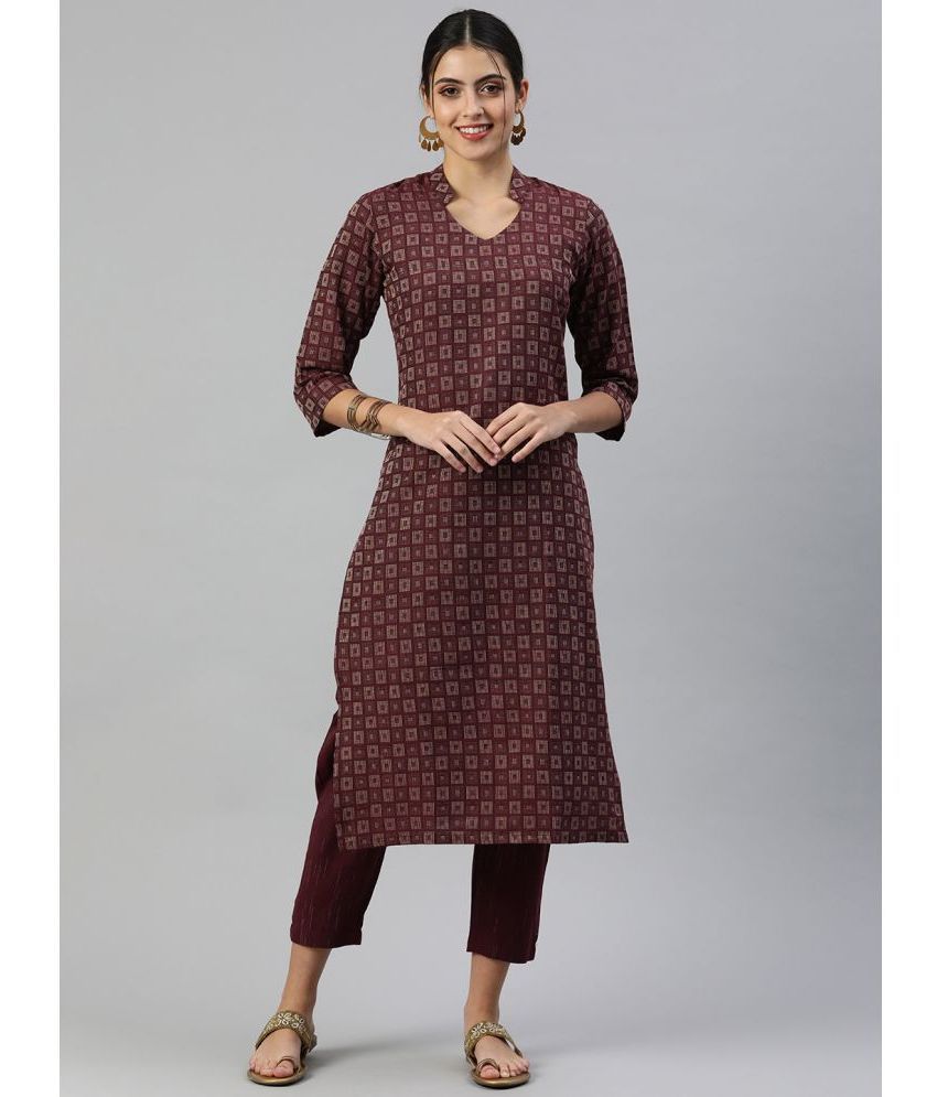     			Aarrah Cotton Printed Kurti With Pants Women's Stitched Salwar Suit - Maroon ( Pack of 1 )