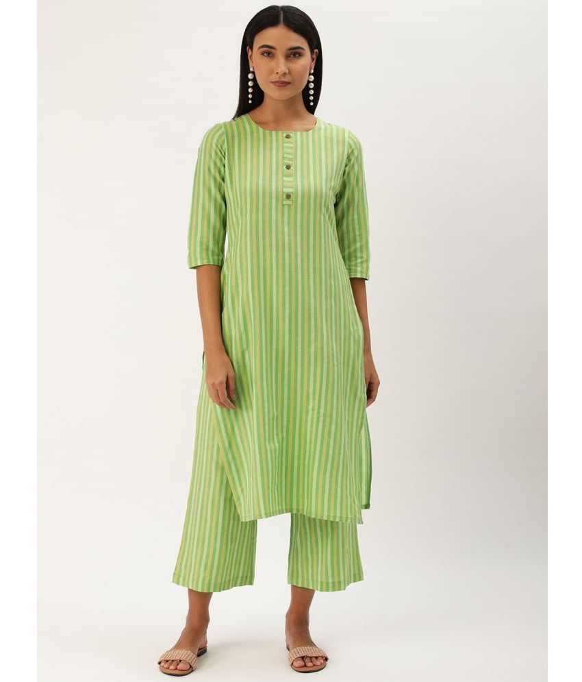     			Aarrah Cotton Striped Kurti With Pants Women's Stitched Salwar Suit - Green ( Pack of 1 )