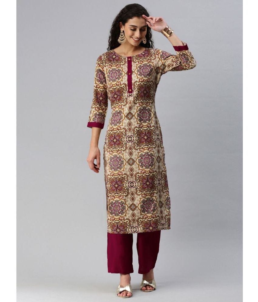     			Aarrah Rayon Printed Kurti With Pants Women's Stitched Salwar Suit - Beige ( Pack of 1 )