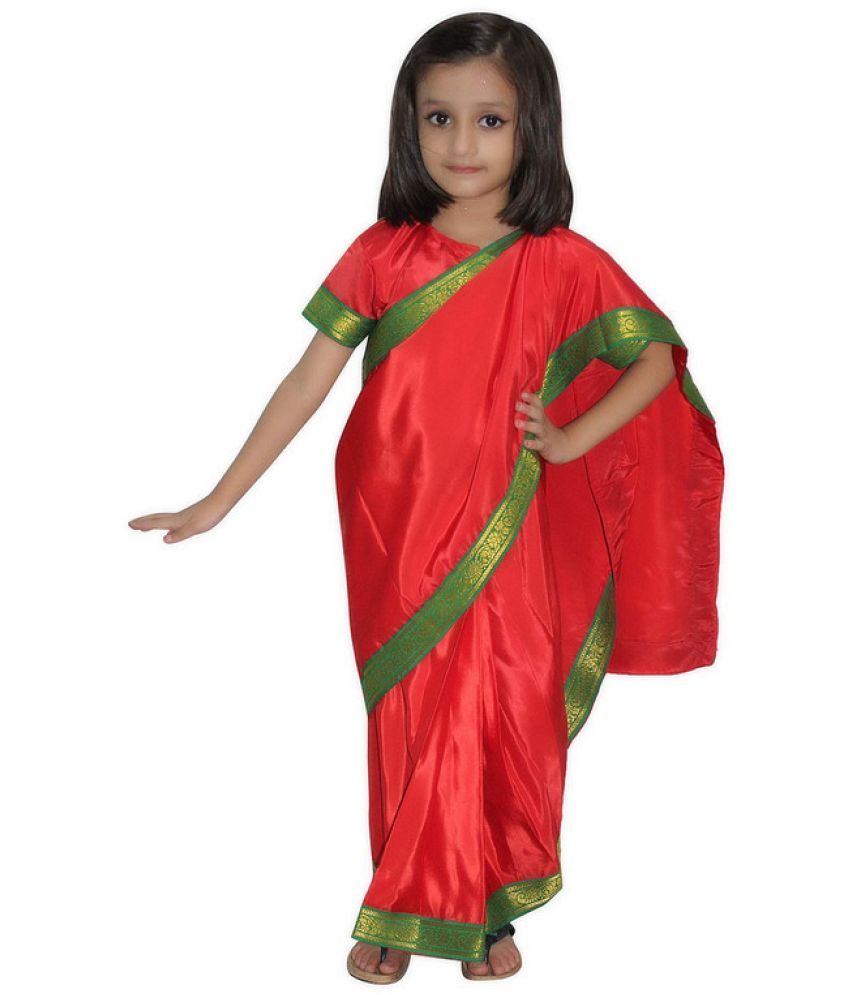     			Kaku Fancy Dresses Indian Wear Pre-Stiched Saree With Blouse -Red, 7-8 Years, For Girls