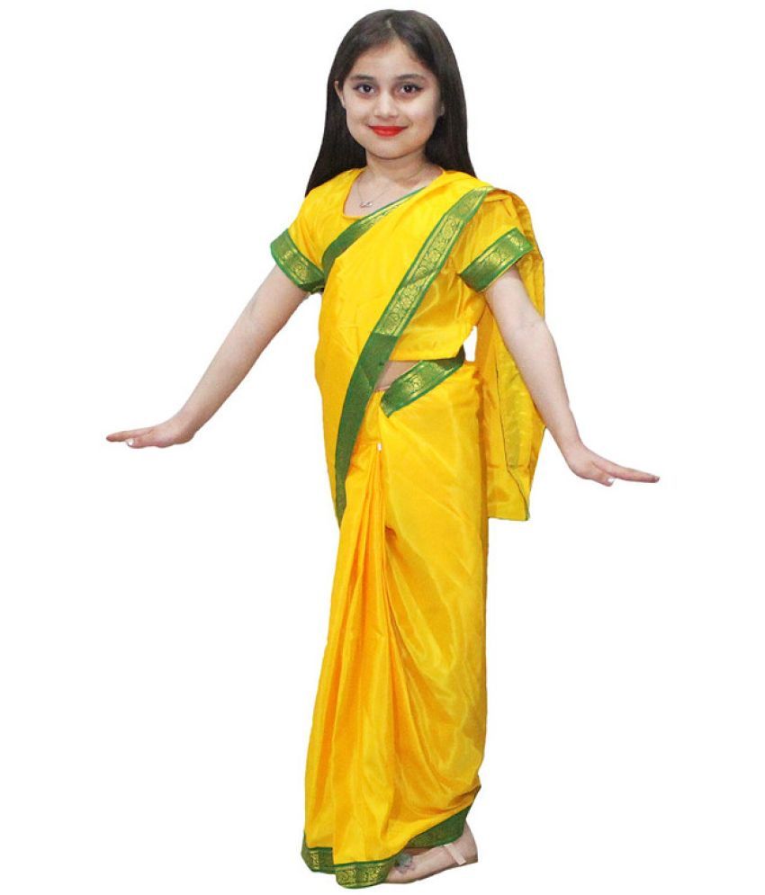     			Kaku Fancy Dresses Indian Wear Pre-Stiched Saree With Blouse -Yellow, 3-4 Years, For Girls