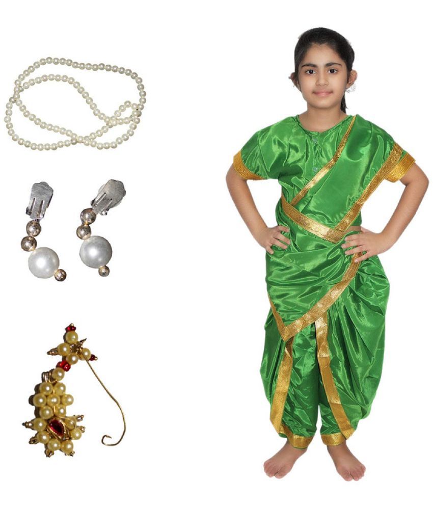     			Kaku Fancy Dresses Marathi Girl Lavni Folk Dance Costume with Jewellery for Kids - Green, 14-17 Years