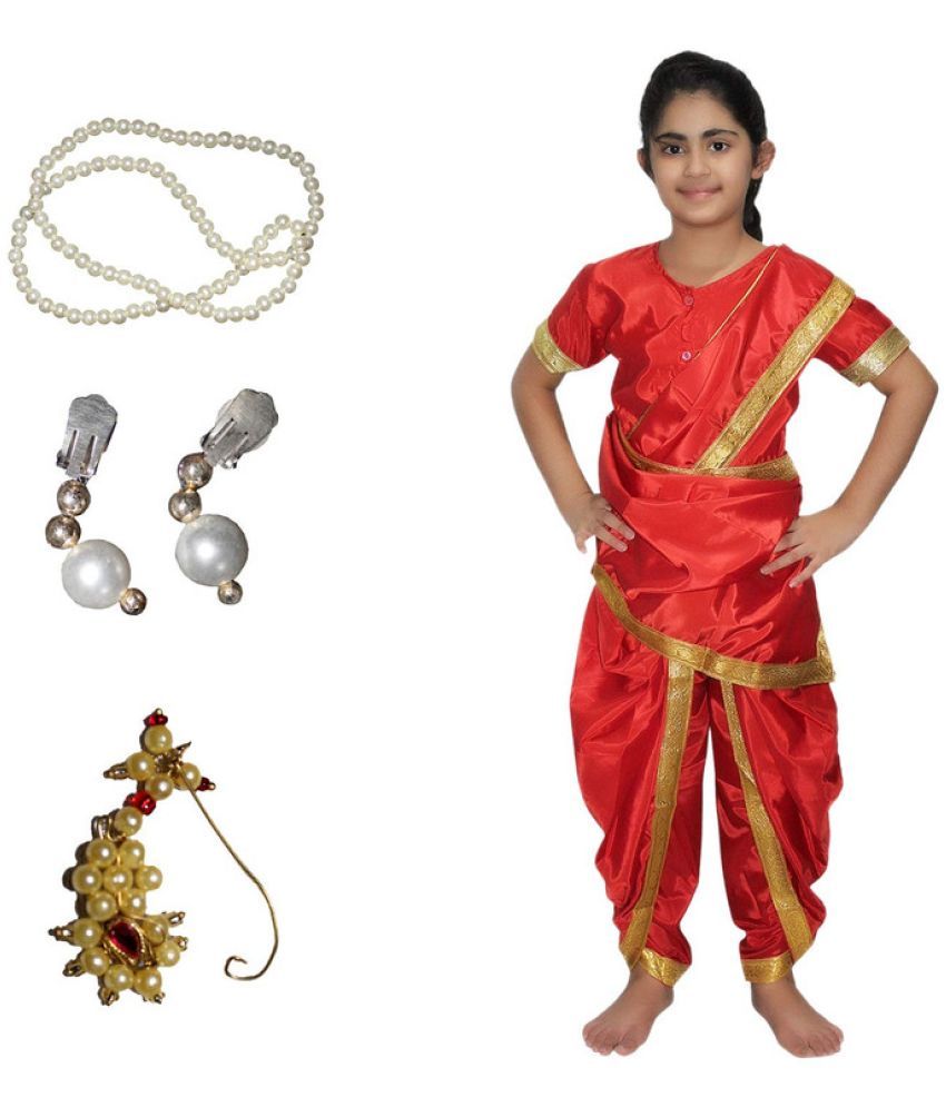     			Kaku Fancy Dresses Marathi Girl Lavni Folk Dance Costume with Jewellery for Kids - Red, 14-17 Years