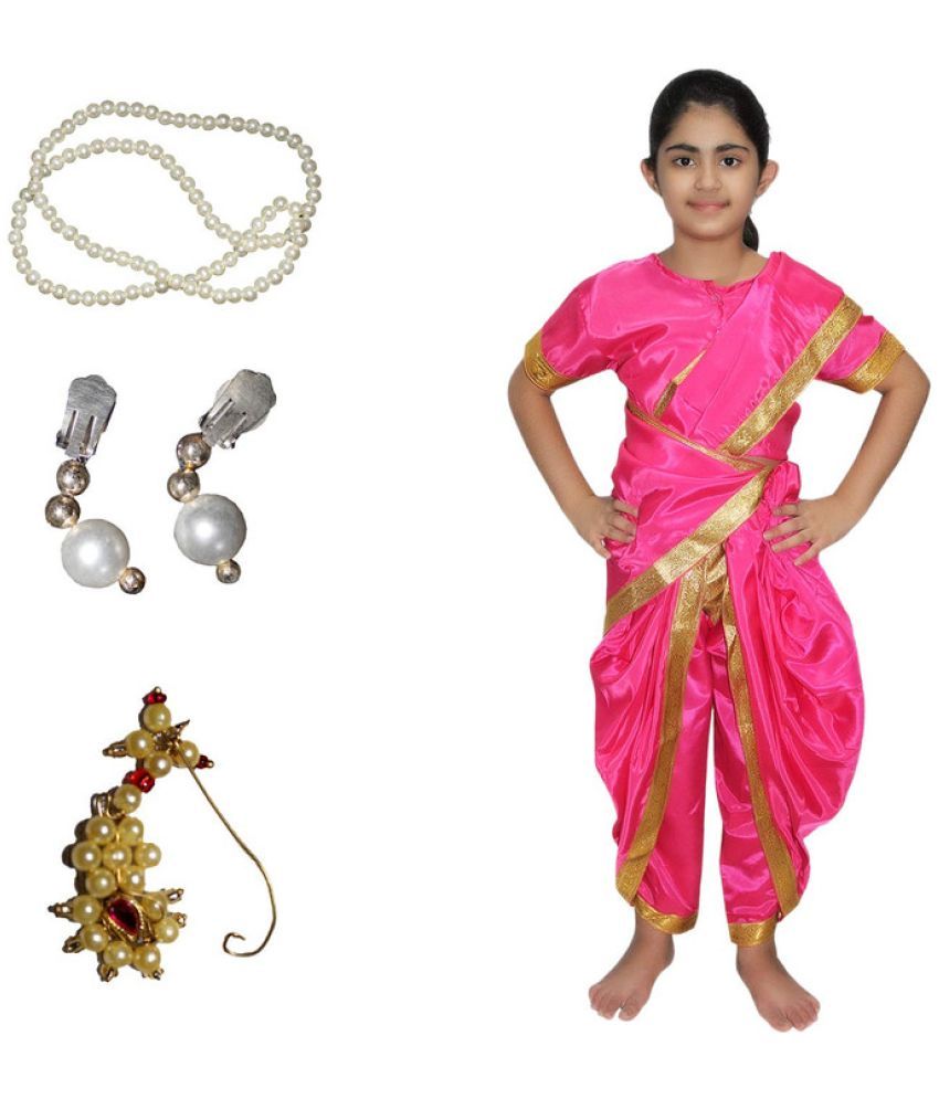     			Kaku Fancy Dresses Marathi Girl Lavni Folk Dance Costume with Jewellery for Kids - Magenta, 10-12 Years