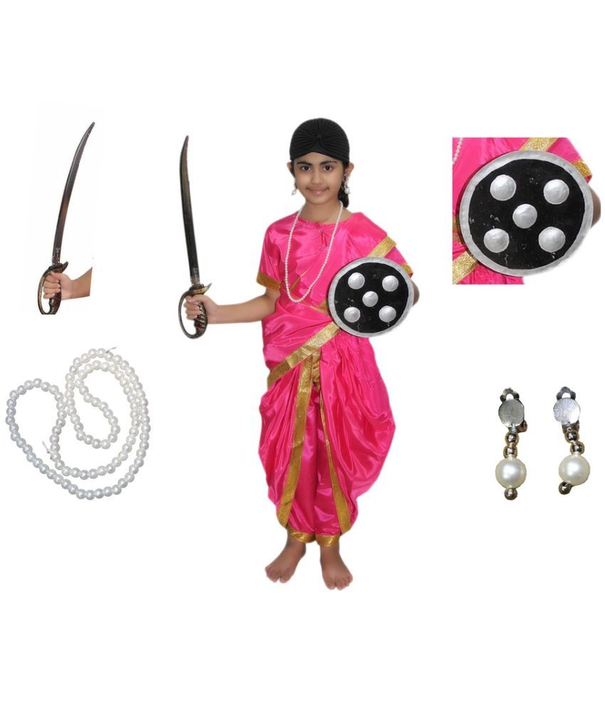     			Kaku Fancy Dresses National Hero Jhasi Ki Rani Fancy Dress For Girls | Freedom Fighter Rani Laxmi Bai Costume For Independence Day & Republic Day -Magenta, 5-6 Years, for Girls