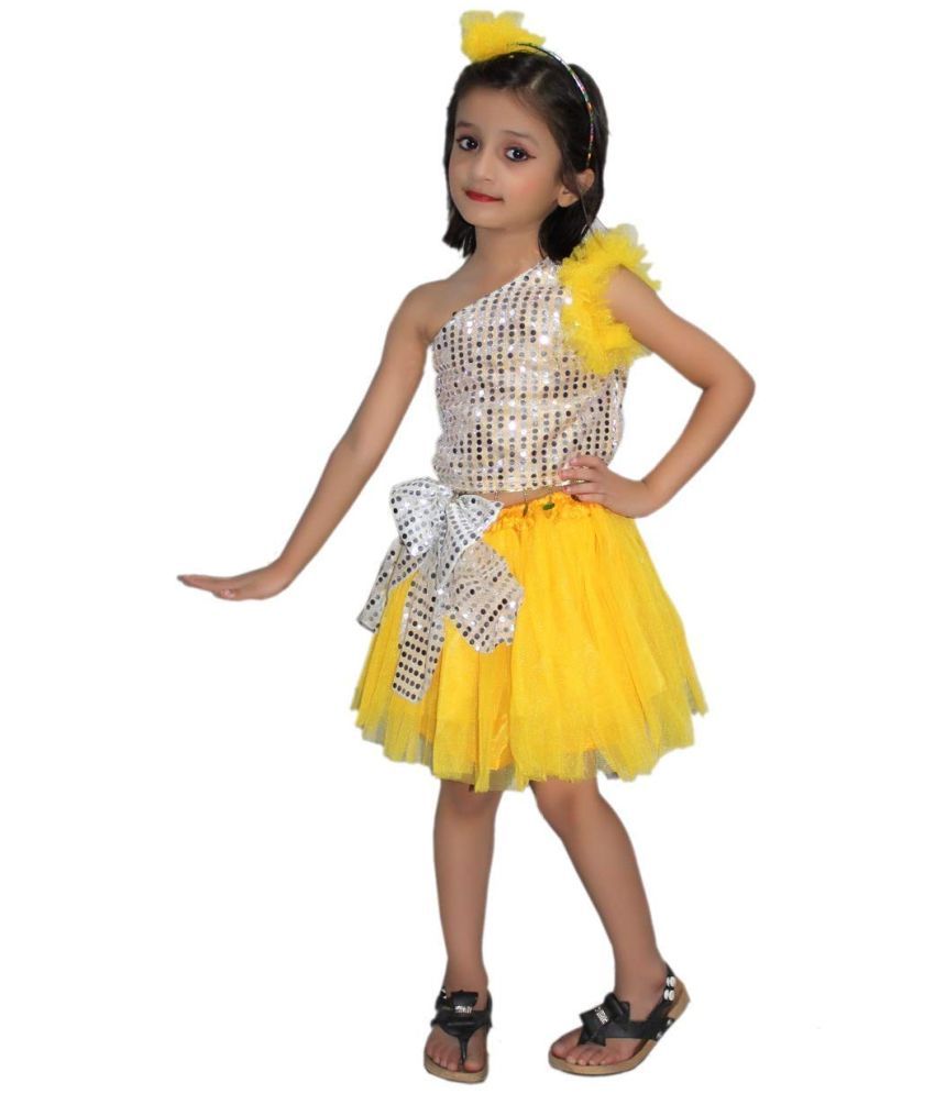     			Kaku Fancy Dresses Western Dance Dress Skirt Top Costume Set -Yellow-Silver, 7-8 Years, For Girls