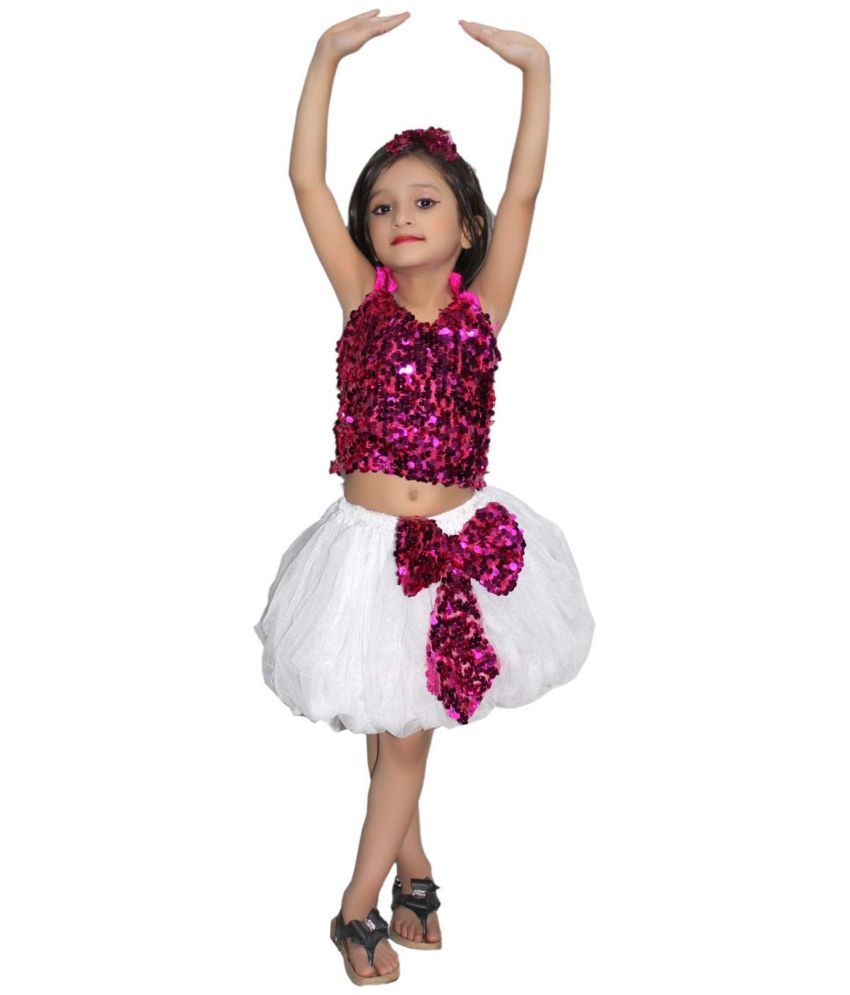     			Kaku Fancy Dresses Western Dance Dress Skirt Top Costume Set -Magenta-Silver, 3-4 Years, For Girls