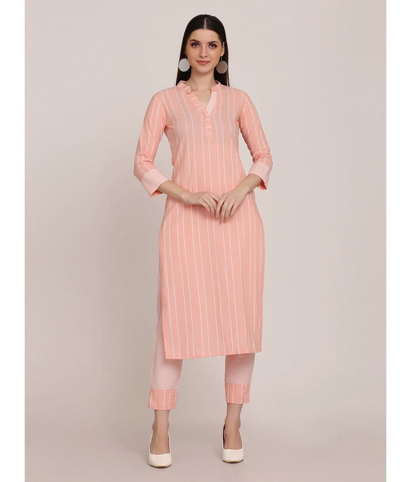     			Aarrah Cotton Striped Kurti With Pants Women's Stitched Salwar Suit - Peach ( Pack of 2 )