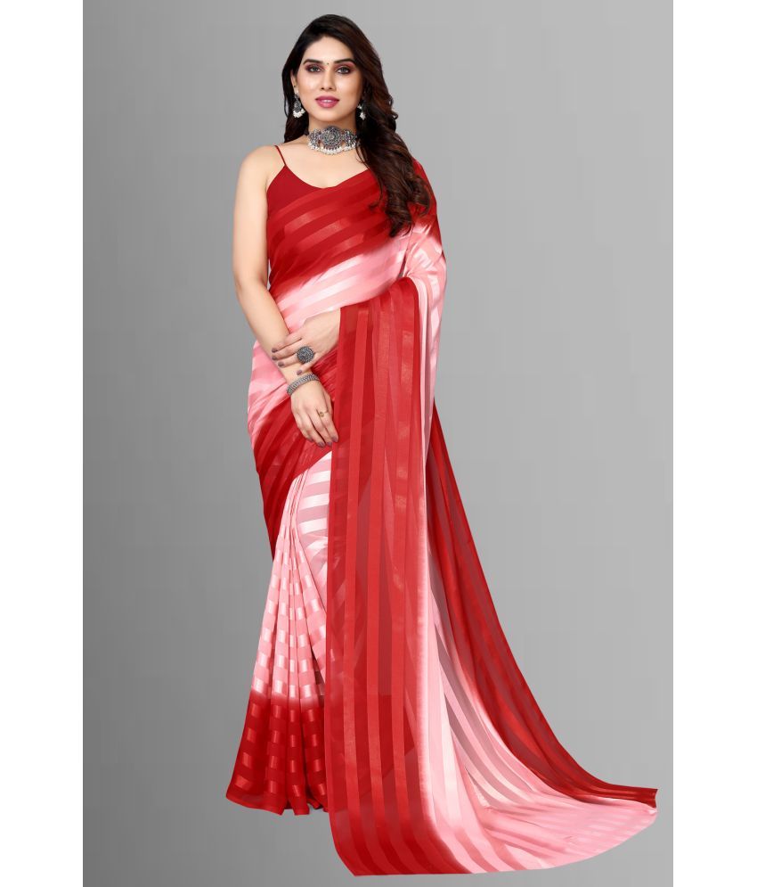     			Kashvi Sarees Satin Striped Saree With Blouse Piece - Red ( Pack of 1 )