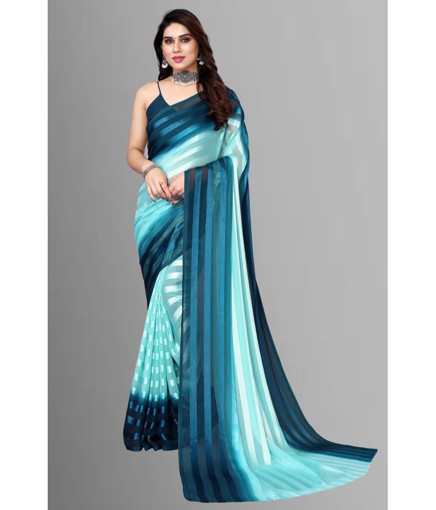     			Kashvi Sarees Satin Striped Saree With Blouse Piece - Teal ( Pack of 1 )