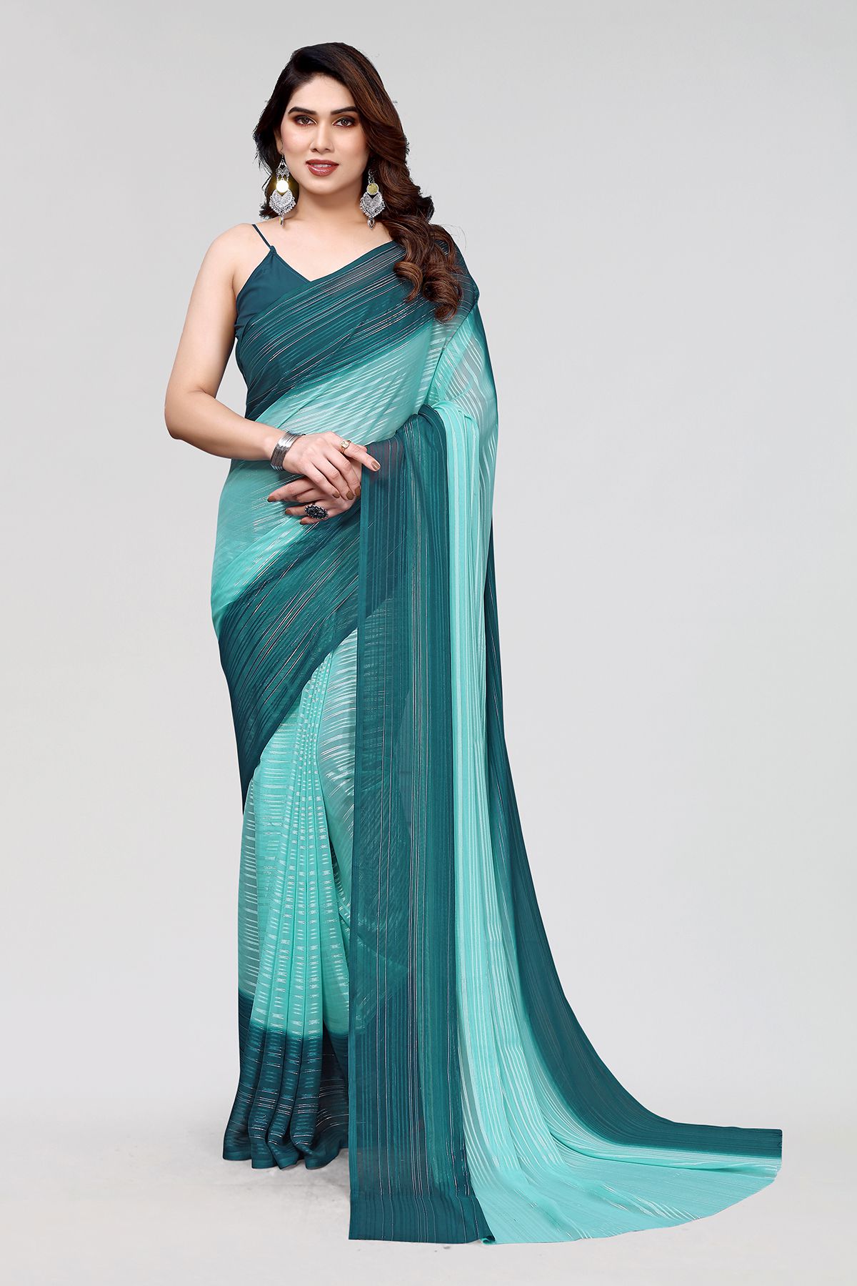     			Anand Sarees Satin Striped Saree Without Blouse Piece - Green ( Pack of 1 )