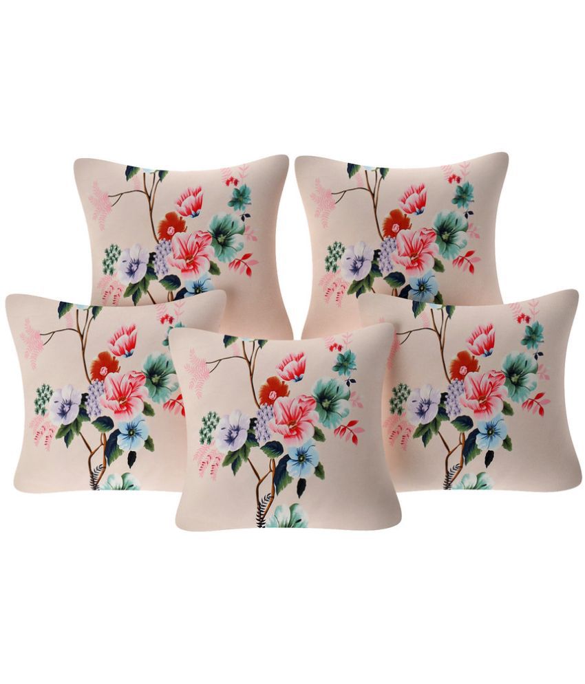     			JBTC Set of 5 Cotton Floral square Cushion Cover (40X40)cm - Tan