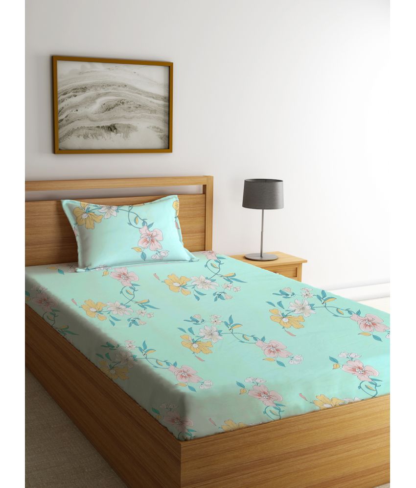     			Klotthe Poly Cotton Floral 1 Single Bedsheet with 1 Pillow Cover - Turquoise