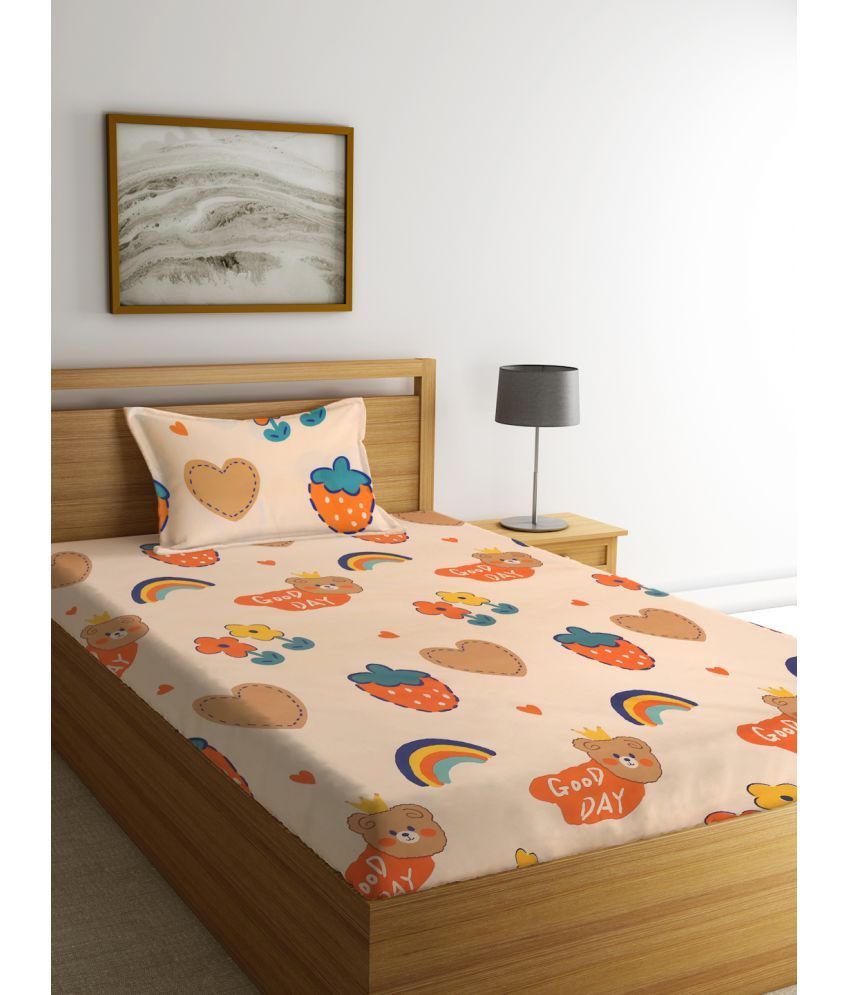     			Klotthe Poly Cotton Graphic 1 Single Bedsheet with 1 Pillow Cover - Peach