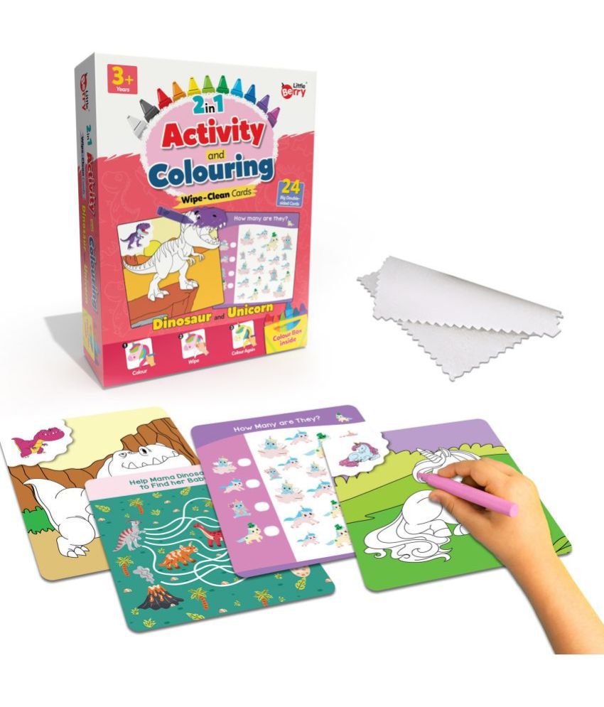     			Little Berry 2-in-1 Activity & Colouring Wipe Clean Flash Cards for Kids: Dinosaur & Unicorn - 24 Cards With Crayons (Multicolour)
