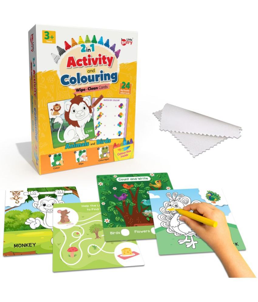     			Little Berry 2-in-1 Activity & Colouring Wipe Clean Flash Cards for Kids: Animals & Birds - 24 Cards With Crayons (Multicolour)